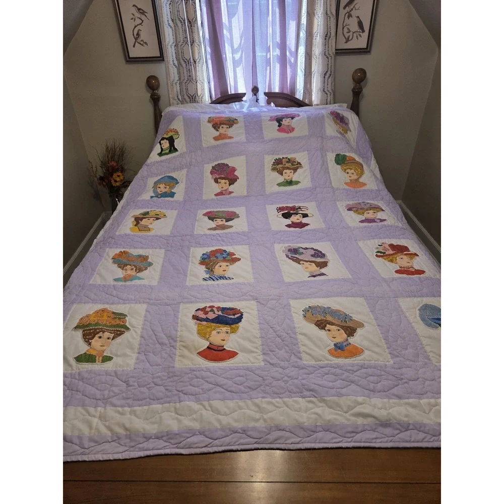 Vtg Quilt Victorian Ladies Applique Edwardian Whimsy Fashion Hats Millinery